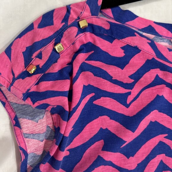 Pink & Blue Chevron Bird Print Dress Casual Sleeveless Short Mini M‎ - Picture 6 of 10